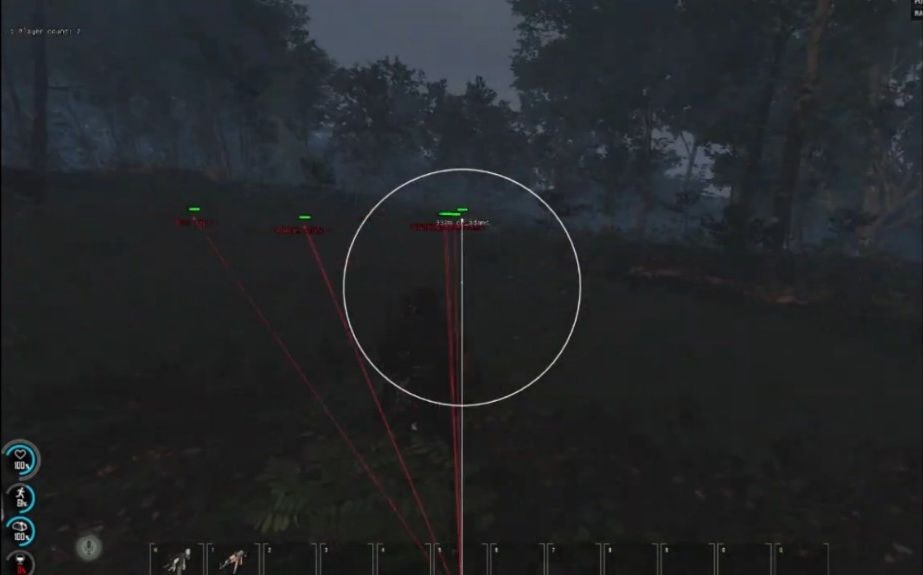 Night forest in SCUM with a white FOV circle and red tracers pointing to distant player markers and health bars.