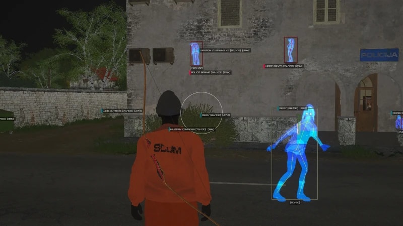 Third-person SCUM view with loot labels for item names, condition, and distance, and highlights on figures near a police building.