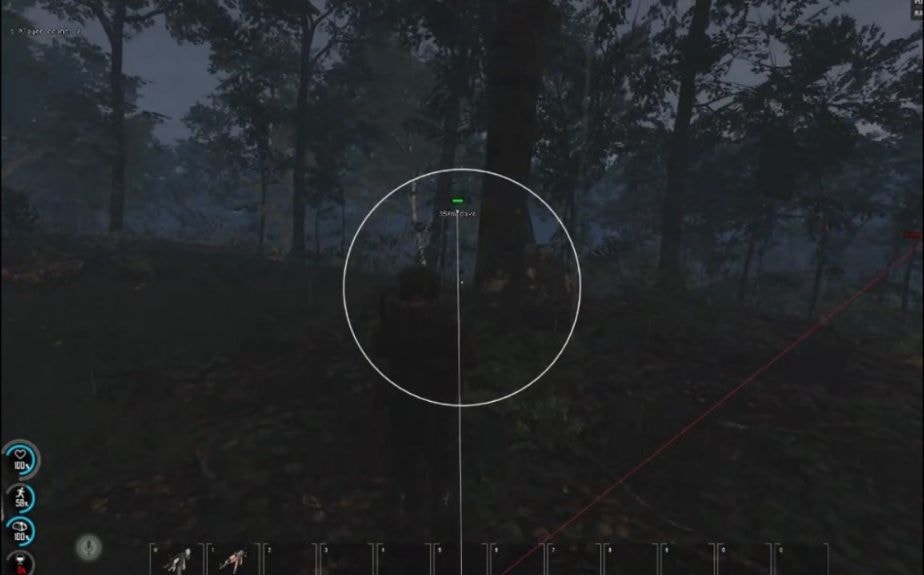Night forest in SCUM with a white FOV circle, a vertical snap line, and a distance label above a player name.